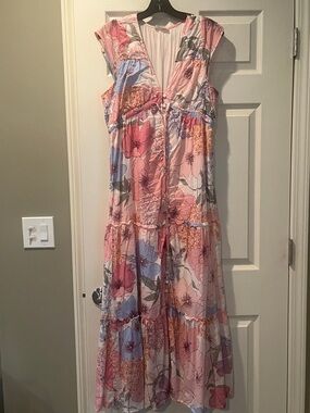 lovestitch Pink Floral Tiered Maxi Dress with Blue Accents